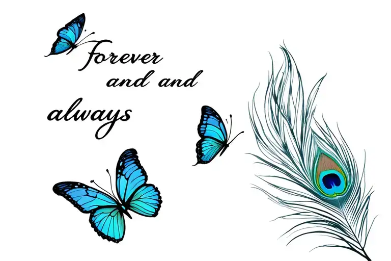 native Lilly's with butterflies with one peacock feather and words saying forever and always  tattoo design idea