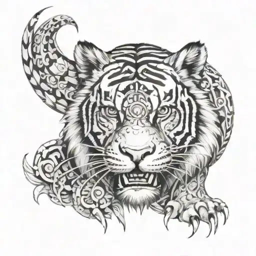 biomechanical Polynesian mythical tiger tattoo feral look facing front tattoo design idea