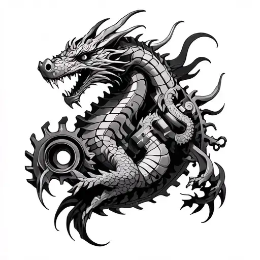 An intricate mechanical dragon intertwined with automotive gears and pistons tattoo design idea