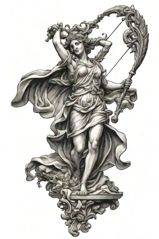 "Design a highly detailed and realistic black and grey tattoo of Nike, the Greek Goddess of Victory, for a forearm place tattoo design idea