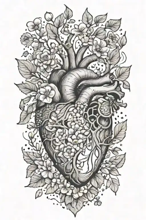 birth flower bouquet with May, August, October, November, February flowers connected  tree branches and anatomical heart tattoo design idea