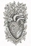 birth flower bouquet with May, August, October, November, February flowers connected  tree branches and anatomical heart tattoo design idea