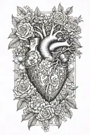 birth flower bouquet with May, August, October, November, February flowers connected  tree branches and anatomical heart tattoo design idea