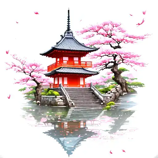 japanese pagoda temple with cherry blossoms, scenery with water and steps, pink sakura pedals falling in the background tattoo design idea