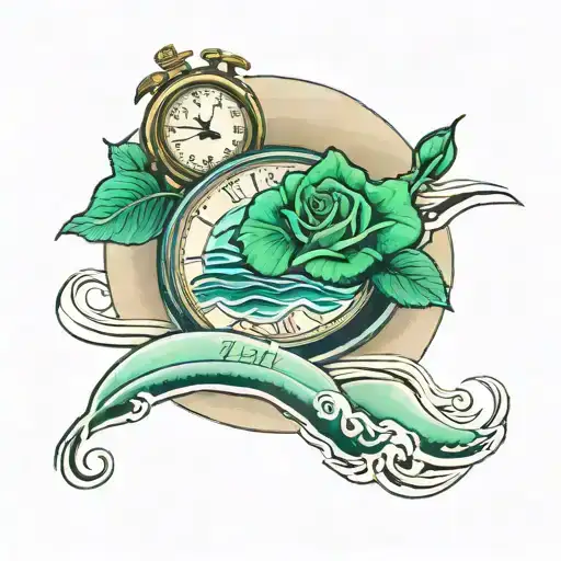 High tide Beach, with footsteps leading to a green rose etched in the sand, with a clock in it's center tattoo design idea