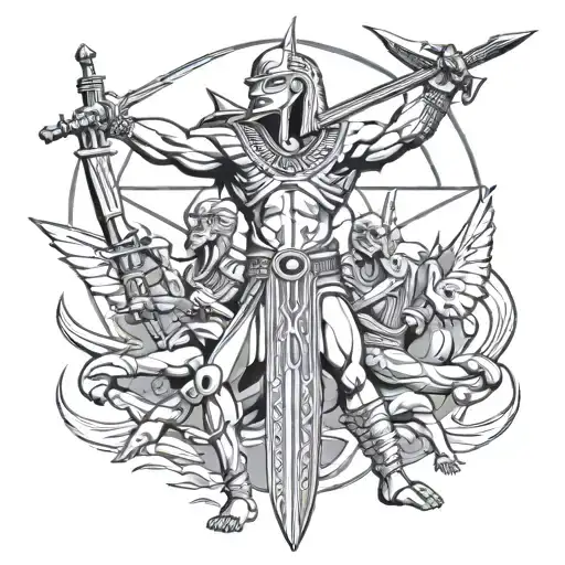 outer forearm Egyptian style sword fighting battle with multiple enemies tattoo design idea