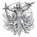 outer forearm Egyptian style sword fighting battle with multiple enemies tattoo design idea