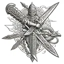 outer forearm Egyptian style sword fighting battle with multiple enemies tattoo design idea