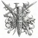 outer forearm Egyptian style sword fighting battle with multiple enemies tattoo design idea