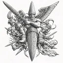 outer forearm Egyptian style sword fighting battle with multiple enemies tattoo design idea