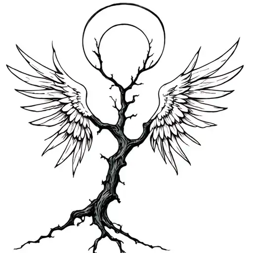 a simple poison tree with angel wings and a halo symbolizing anger and a dead loved one tattoo design idea