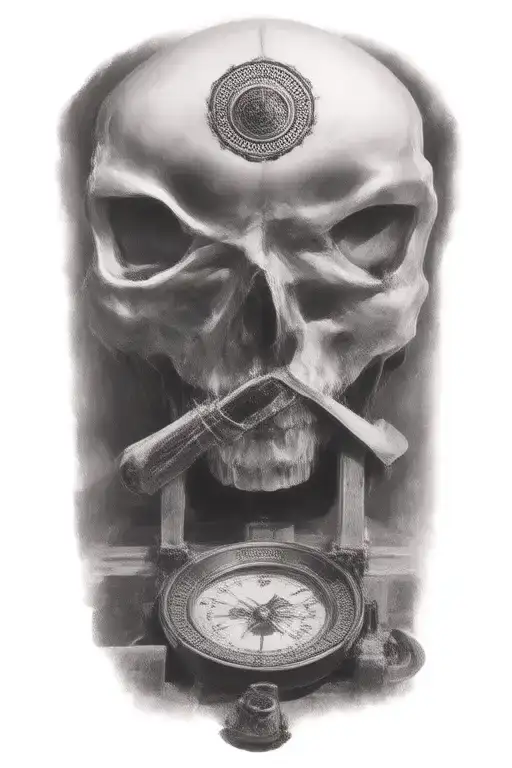 train tracks and a small compass with one hooded skull and engine camshafts harley davidson style tattoo design idea