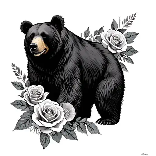 momma bear with roses tattoo design idea