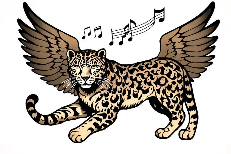 A snow leopard with wings made of musical notes flying towards a new light tattoo design idea