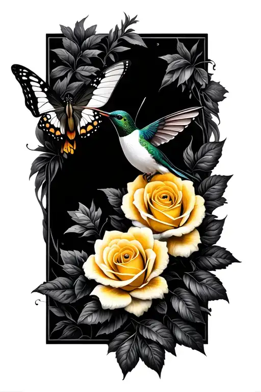 Butterfly with yellow roses and a Hummingbird surrounded tattoo design idea