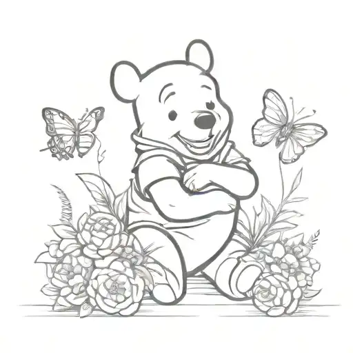 Winnie the Pooh holding flowers with butterfly surrounded tattoo design idea