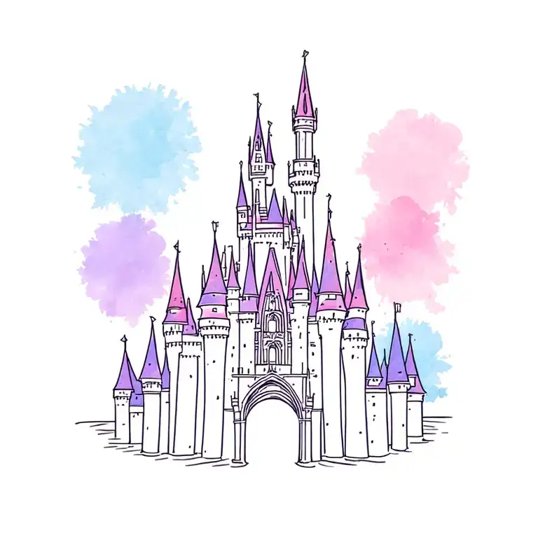Walt Disney world Cinderella castle with a little color pink purple blue tattoo design idea