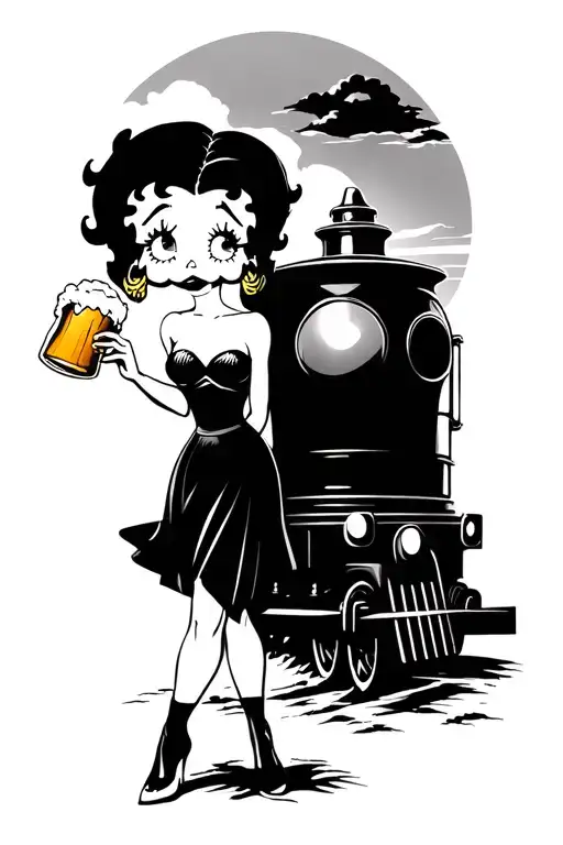 betty boop drinking a beer and caboose going into heavenly sunset tattoo design idea