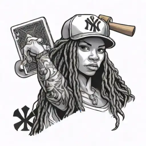 women with dreadlockks, wearing a yankees baseball cap, holding a bat and 4 ace of spades cards tattoo design idea