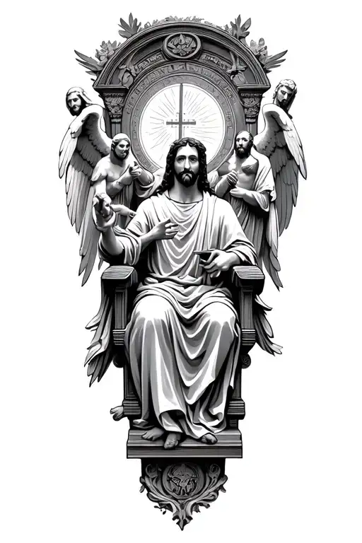 Christian God sitting on the throne judging people, surrounded by the angels tattoo design idea