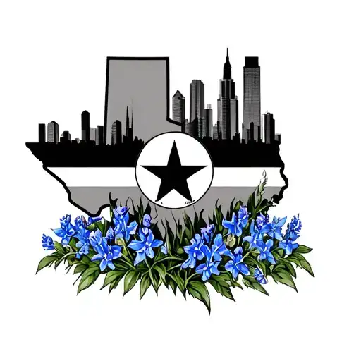texas outline with the state of texas crest in the center, surrounding it add the dallas skyline and bluebonnets tattoo design idea
