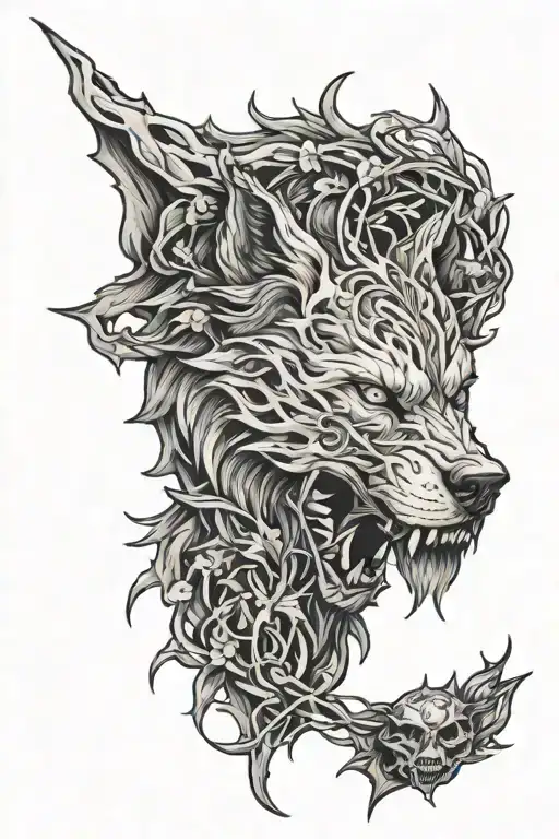 wolf Cerberus body with wendigo head sourounded by vines and thorns tattoo design idea