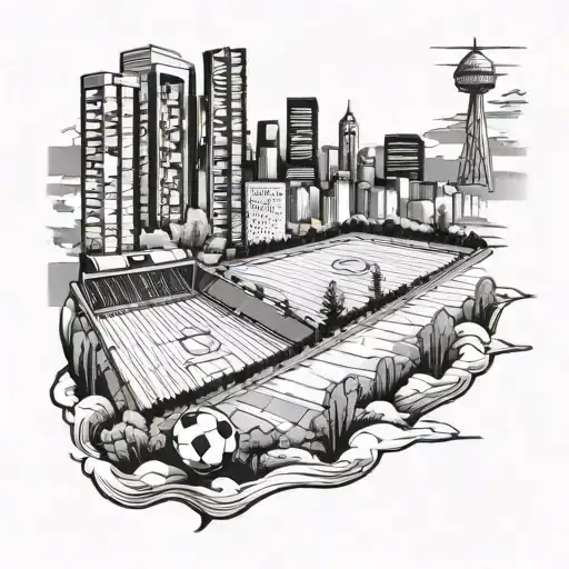 Incorporate soccer field into a city skyline tattoo tattoo design idea