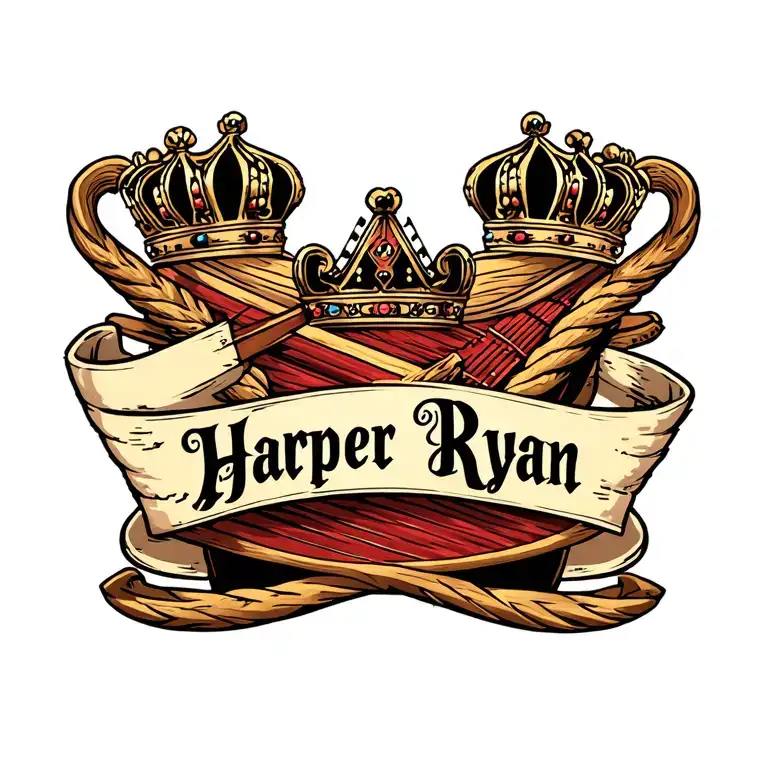 harp with crown with the names Harper and Ryan  tattoo design idea