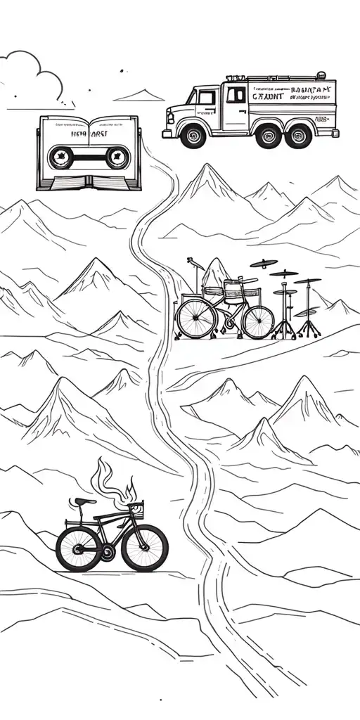 map with landmarks with road, mountains, trex fire truck, mountain bike drum set, cassette tape, book on fire, tattoo design idea