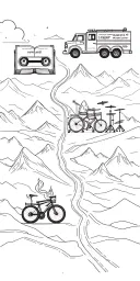 map with landmarks with road, mountains, trex fire truck, mountain bike drum set, cassette tape, book on fire, tattoo design idea