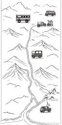 map with landmarks with road, mountains, trex fire truck, mountain bike drum set, cassette tape, book on fire, tattoo design idea