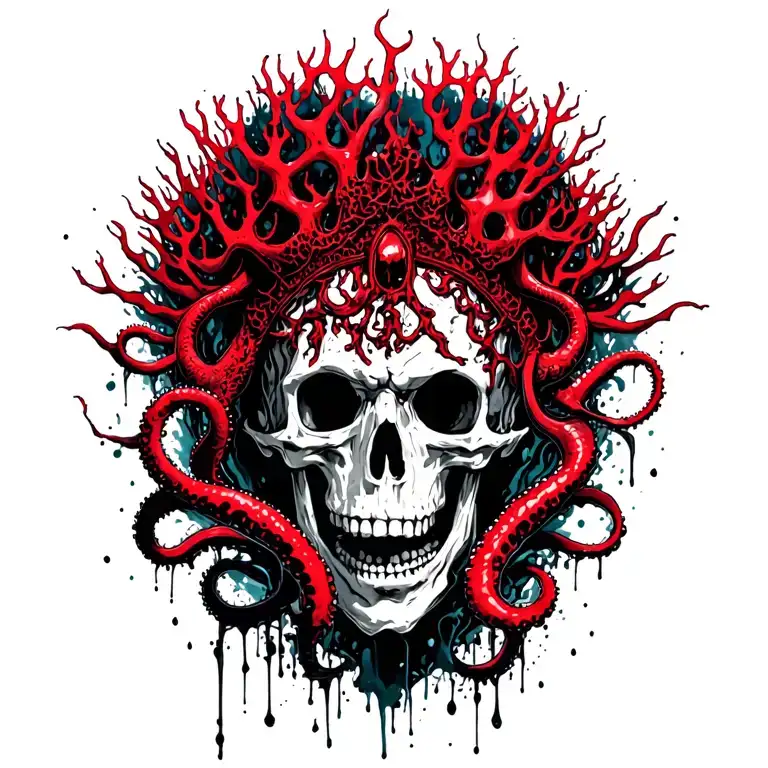King Of Bones With A Coral Crown, Hades 2 Style, Eldritch, Tentacles, Lovecraftian, Deep Sea background, seaweed tattoo design idea