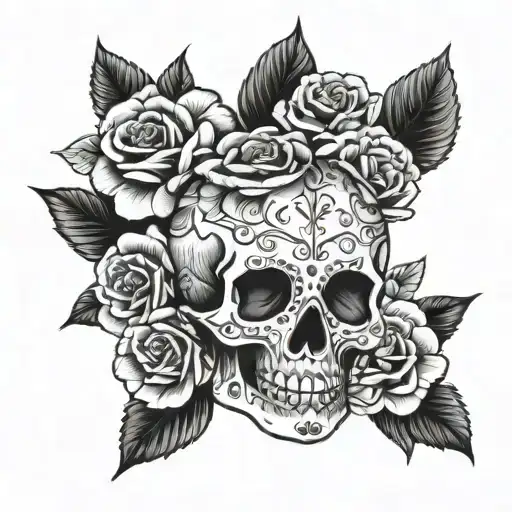 simple candy skull, roses and the name jackie  tattoo design idea