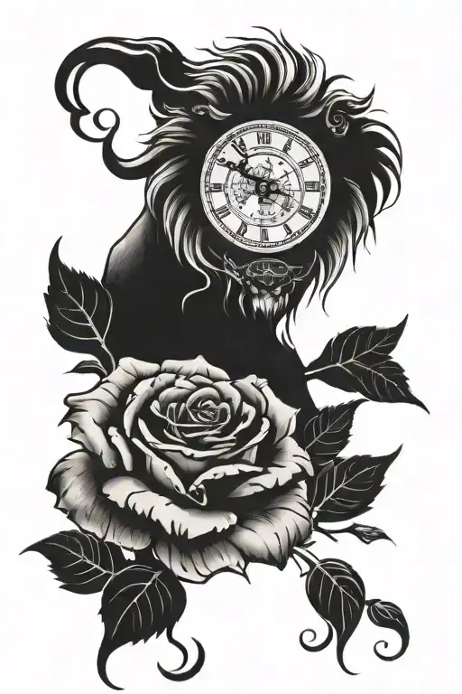 Lion face with clock melting with blue eyes and rose  tattoo design idea