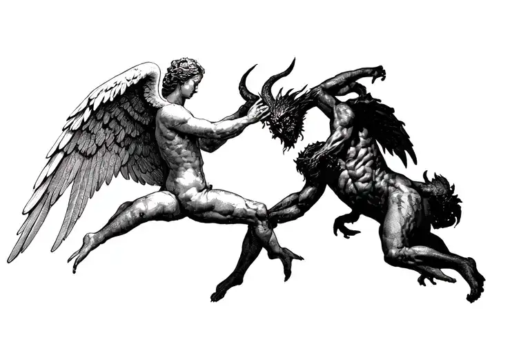 realism angel with wings vs demon with wings fighting full body tattoo design idea