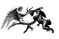realism angel with wings vs demon with wings fighting full body tattoo design idea