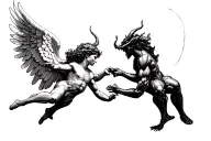 realism angel with wings vs demon with wings fighting full body tattoo design idea