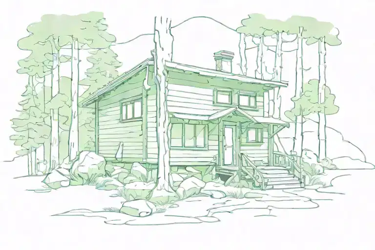 small green rectangular cabin in the woods tattoo design idea