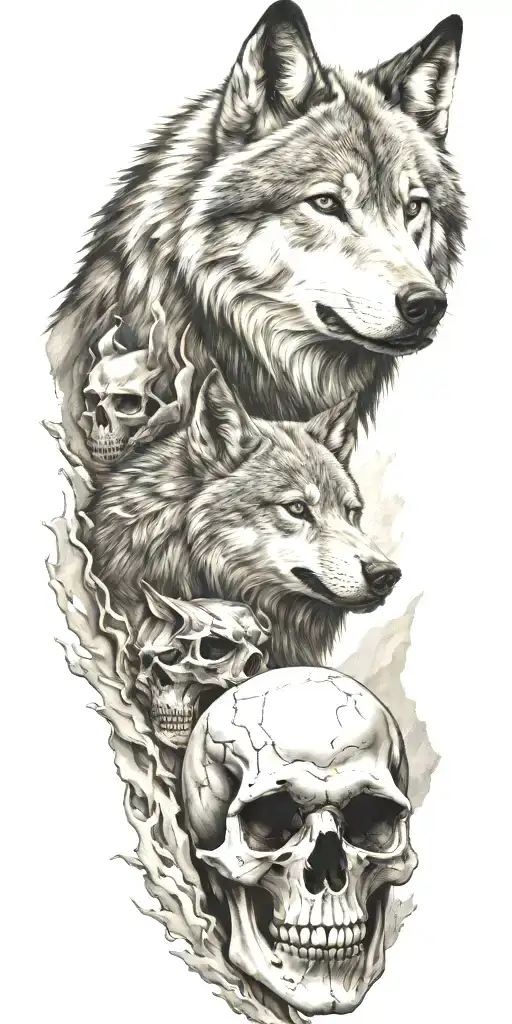 mountains and wolf head and skull  tattoo design idea