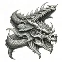 Large dragon wrapping around a samurai's skull. Detailed scales and claws tattoo design idea