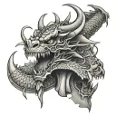 Large dragon wrapping around a samurai's skull. Detailed scales and claws tattoo design idea