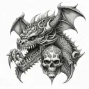 Large dragon wrapping around a samurai's skull. Detailed scales and claws tattoo design idea