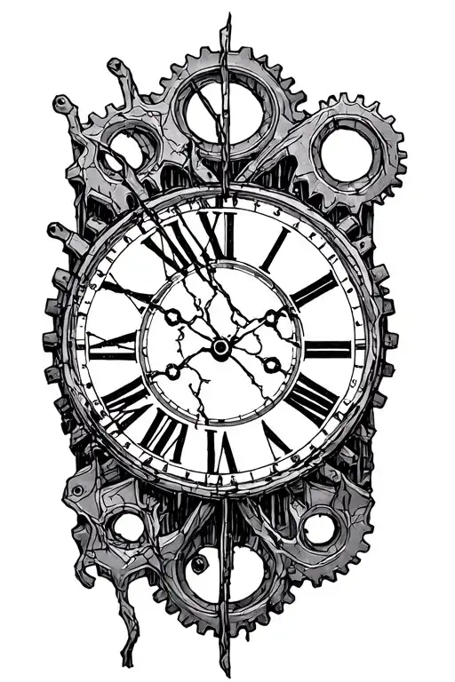 broken clock face, Roman numeral, cog tattoo design idea
