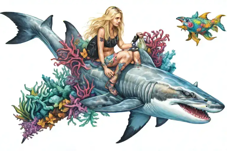 cute blonde girl with blue eyes riding on top of a hammerhead shark through some colorful coral reef tattoo design idea
