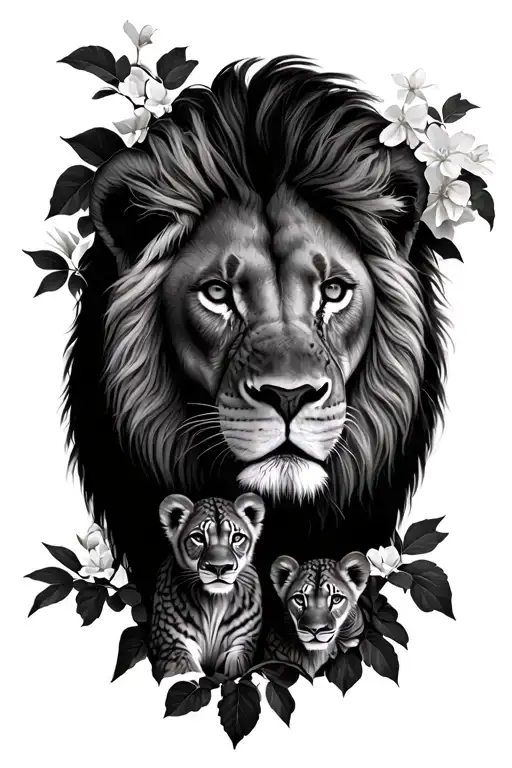 male lion with 2 cubs face only with hydrandgea bushes and bouganvillea  tattoo design idea