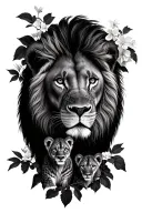 male lion with 2 cubs face only with hydrandgea bushes and bouganvillea  tattoo design idea