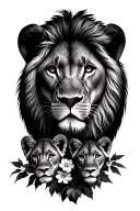 male lion with 2 cubs face only with hydrandgea bushes and bouganvillea  tattoo design idea