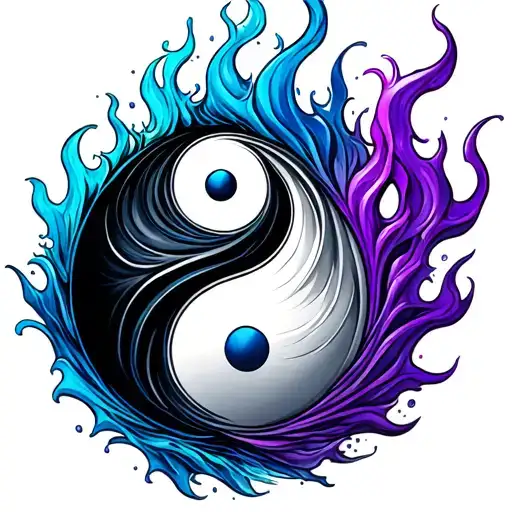 yin and yang symbol but withblue water flame and purple flames tattoo design idea