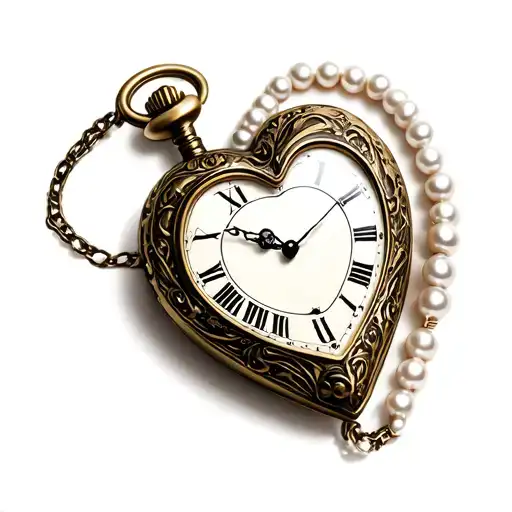 A heart-shaped pocket watch with a white pearl trim, set to midnight. tattoo design idea