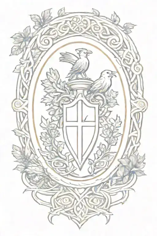 Rooker Family Crest with a shield surrounded by cedar trees with  6 Crows on a celtic cross in a circle tattoo design idea